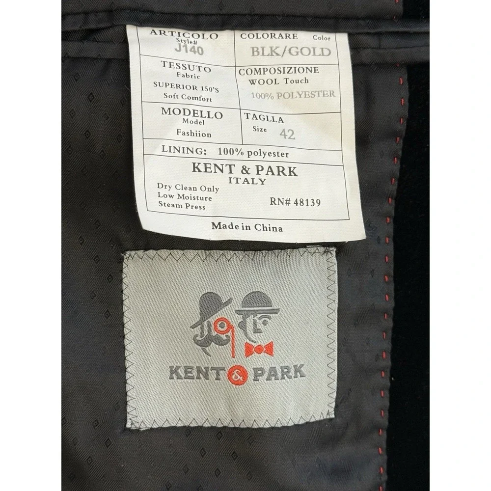 Kent‎ & Park Black and Gold Fleur De Lis Suit Jacket and Vest Mens 42R Italy